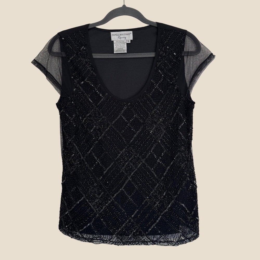 Vintage Papell Boutique Medium Black Beaded Sequin Sheer Cap Sleeve Top V Neck